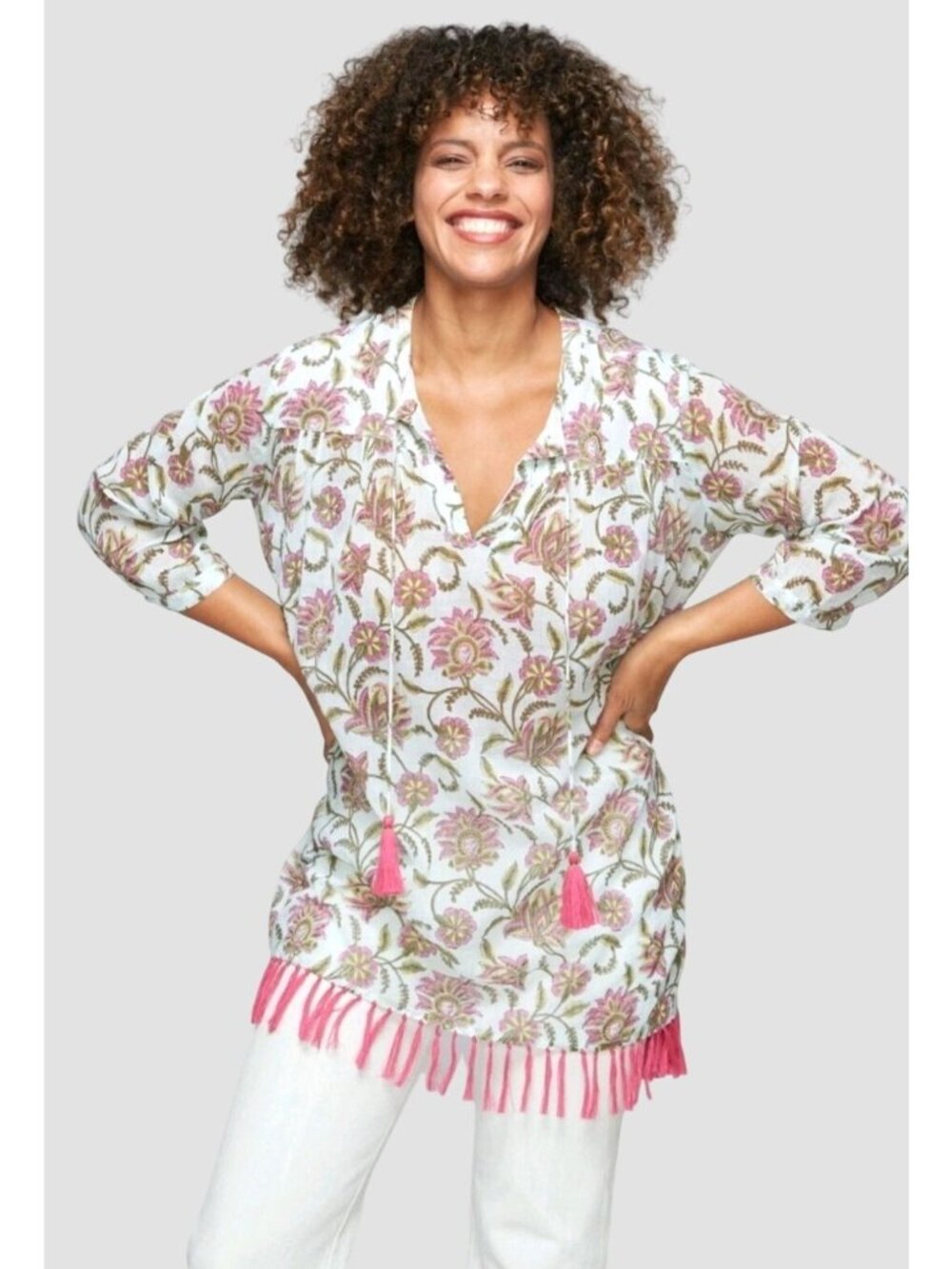 Roller‎ Rabbit Serafina Floral Tunic Top Sz S Cotton Tassels Boho Beach Coverup